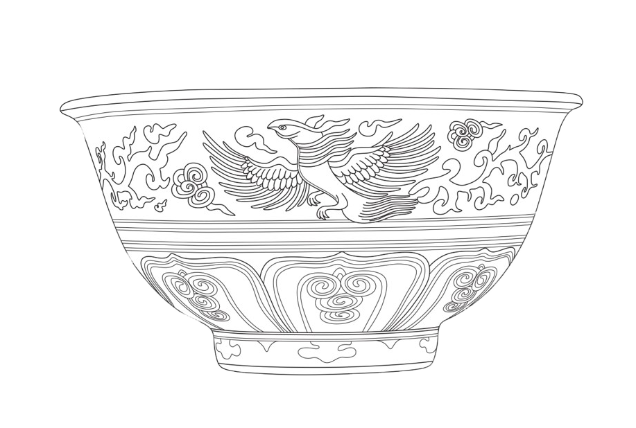Collection of bowls and plates decorated with phoenix motifs